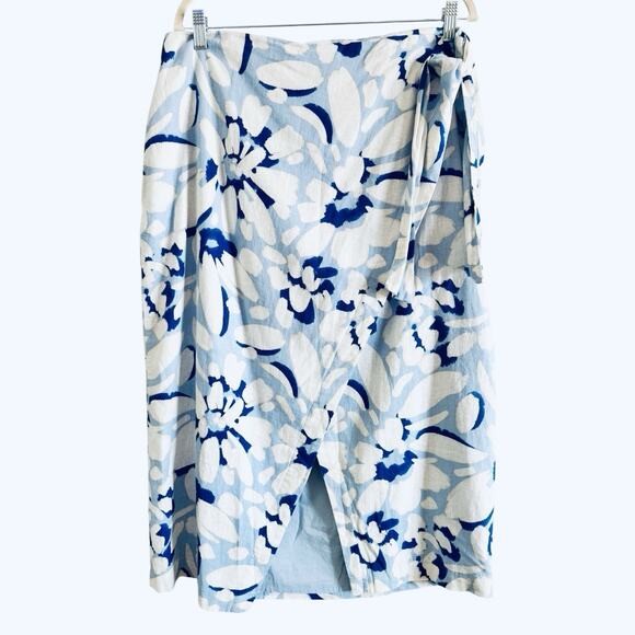 NWT Loft Linen Blend Midi Skirt Size 14 Blue Floral Tie Waist - Picture 1 of 7